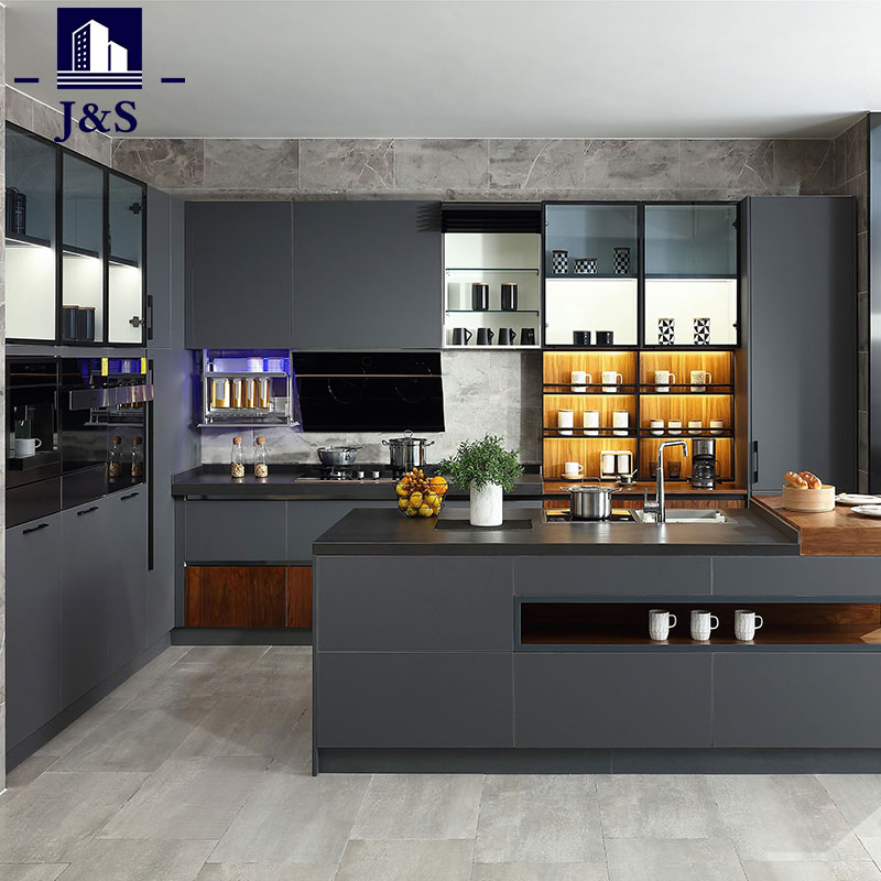 Overhead Grey tanpa pegangan Kabinet Dapur Bawaan